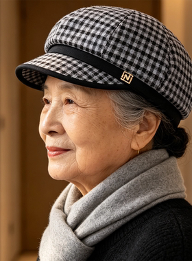 秋冬防风遮阳格纹八角帽妈妈
