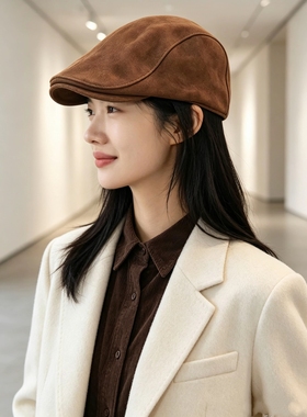 反绒羊皮前进帽男女秋冬日系报童帽显脸小古着英伦老钱鸭舌贝雷帽