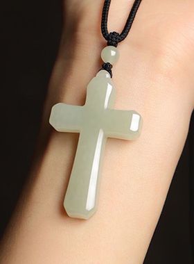 天然玉石青白玉十字架吊坠男女款玉石白玉吊坠挂件玉坠项链饰品
