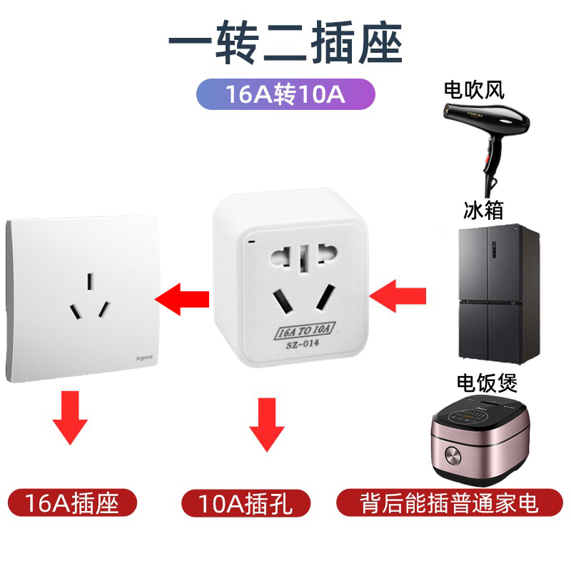 空调插座转换器16A转10A一转一排插带开关三孔转五孔转换插头家用