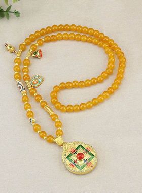 新中式复古圆盘长款蜜蜡串珠项链