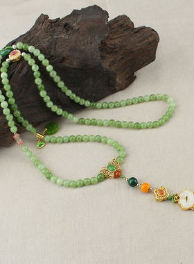 合金玉石圆珠女新中式复古项链长