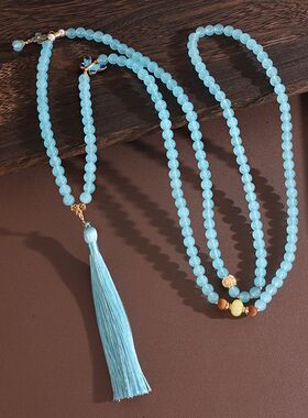 新中式蓝色串珠佛珠斜挎链长款背背项链女古风小清新流苏毛衣链潮