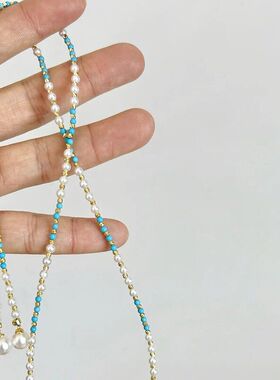 新中式复古淡水珍珠项链中长款绿松石串珠毛衣链女国风配饰清冷感