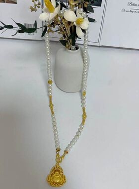 新中式黄金色弥勒佛吊坠中长款珍珠串珠项链女国风气质毛衣链配饰