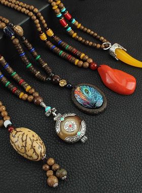 合金木质圆珠男女新中式毛衣链长