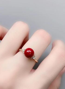 合金戒指 紫金纱戒指玫瑰花活口可调节红色珠指环女款饰品