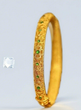 s925银古法包金精雕镂空祥云元宝纹碧玉镶嵌按扣手镯