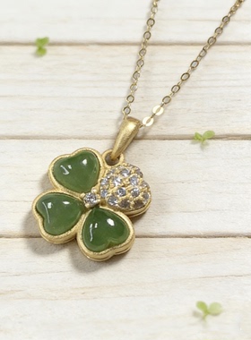 2025新款项链925银镶和田碧玉幸运草轻奢小众设计感锁骨链