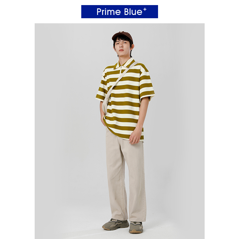 【Prime Blue设计师系列】撞色条纹宽松POLO男夏款少年感短袖上衣 - 图1