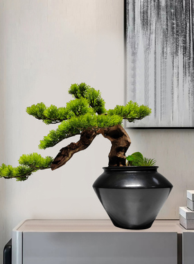 新中式仿真迎客松绿植禅意盆景酒店会所茶室桌面前台装饰品摆件