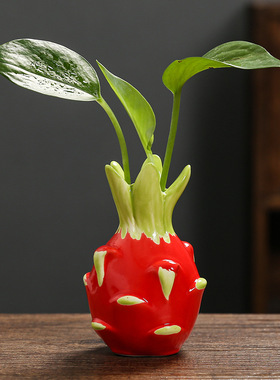火龙果陶瓷小花瓶摆件插花水培植物绿萝桌面装饰品办公室礼物新款