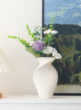 素雅粗陶花瓶创意侘寂风陶瓷花器民宿样板房售楼部装饰家居摆件