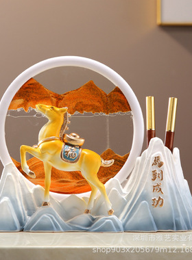 新中式流沙画笔筒马摆件装饰客厅电视酒柜书房办公室桌面摆设礼品
