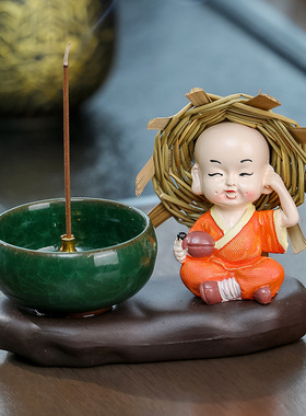 家用室内香炉茶道陶瓷工艺线香檀香炉香插小和尚家居摆件香炉盘新