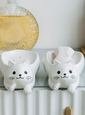 猫咪陶瓷摆件卡通创意可爱办公室洗手台装饰香皂盒家用小猫皂盒新