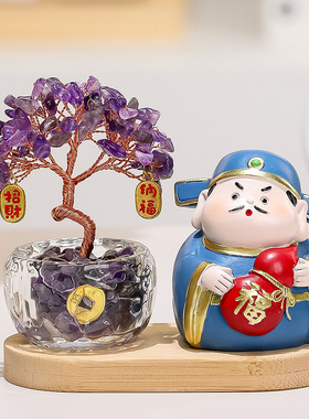 五路财神水晶发财树玄关电视柜摆件创意小神仙关公办公室桌面装饰