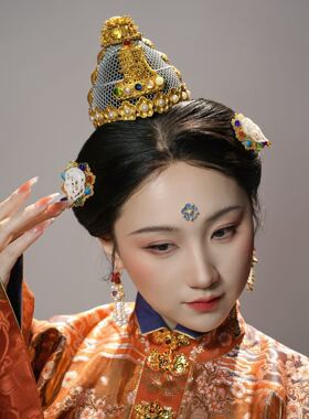 大萌制 新款明制荻髻一体发冠满冠 仿金银错狄髻网发饰女 3d打印