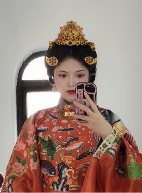 大萌制 明代花鸾宝石冠 明制狄髻发冠一体式宝石镶嵌头饰汉服发饰