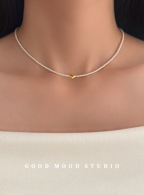 GMS玛丽珍 法式高级感珍珠串珠项链女气质金色爱心吊坠颈链锁骨链