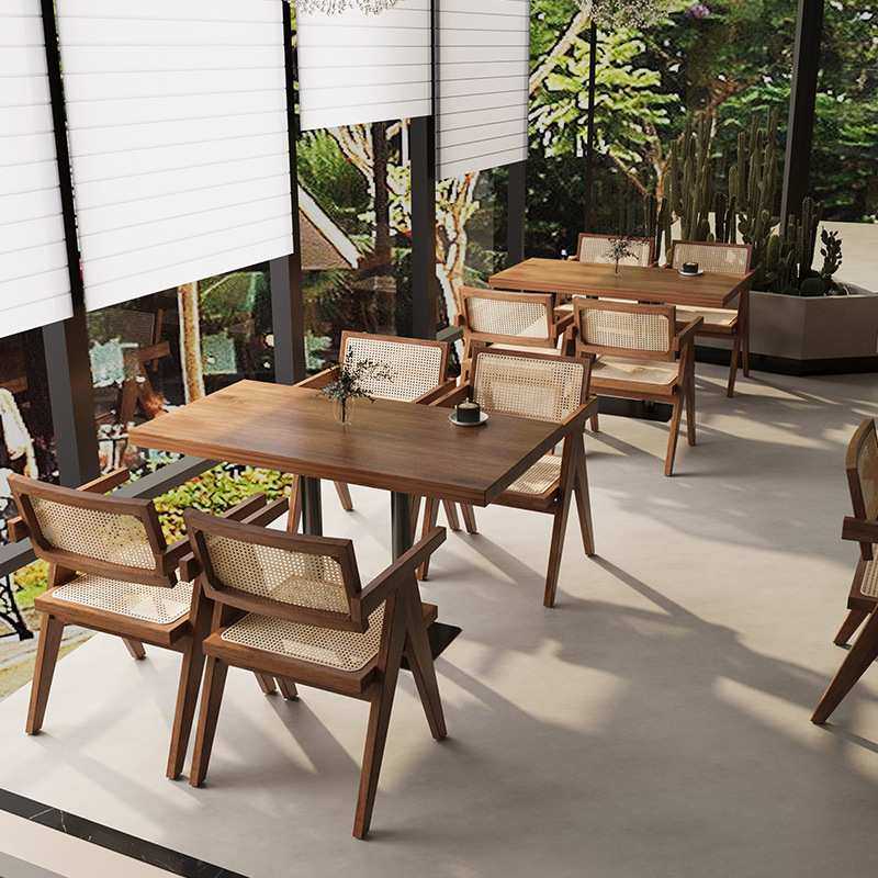 复古侘寂风洽谈实木桌椅桌椅西餐厅商用休息区酒吧藤编组合咖啡厅,淘宝优惠券,粉丝福利购,淘宝优惠卷