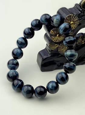 可梅美天然蓝虎眼石圆珠手链男女情侣款虎睛石手串木变石单圈手饰