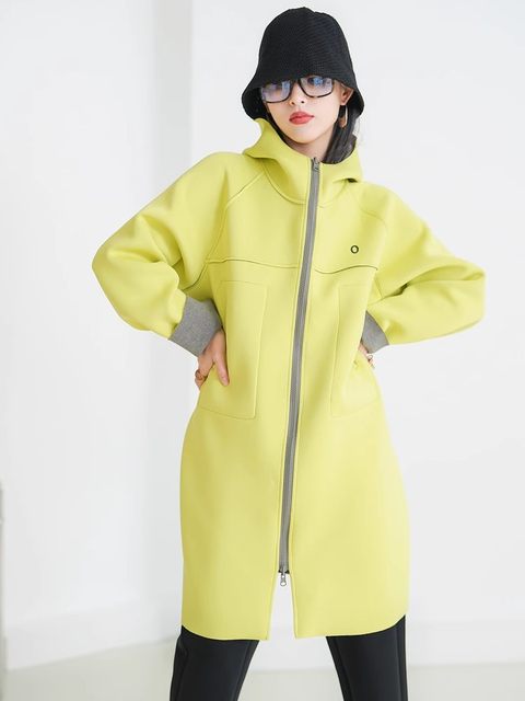 Mid length windbreaker women's Nordic style commuting hooded for slimming and contrasting color design, straight tube space cotton cardigan jacket for autumn