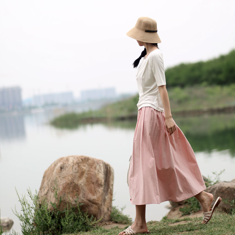 女士夏装新款伞裙文艺a版粉色半身裙女a字裙纯棉半身长裙夏新款-图2