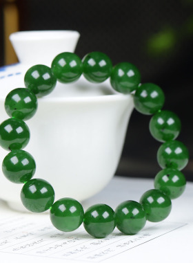 (古晨珠宝)俄罗斯和田玉菠菜绿碧玉圆珠手串手链诸事如意43g12mm