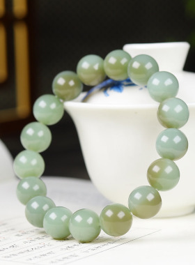 （古晨珠宝）俄罗斯和田玉粉青碧玉飘糖圆珠手串手链45g12mm