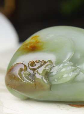 （古晨珠宝）新疆和田玉青白玉籽料貔貅把件手玩瑞兽赐福148g