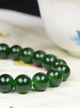 (古晨珠宝)俄罗斯和田玉菠菜绿碧玉手串手链珠连富贵29g10mm
