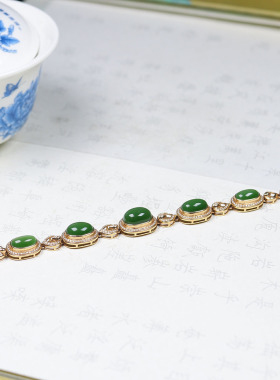 （古晨珠宝）俄罗斯和田玉猫眼碧玉18K镶手串手链珠连富贵13g