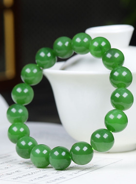 （古晨珠宝）俄罗斯和田玉粉绿碧玉圆珠手串手链诸事如意45g11+mm