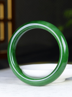 (古晨珠宝)俄罗斯和田玉菠菜绿碧玉手镯女款玉镯腕间优雅59g60mm