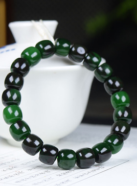 （古晨珠宝）俄罗斯和田玉菠菜绿碧玉老型珠手串手链诸事如意34g