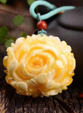 【附证书】天然蜜蜡牡丹花吊坠一物一图鸡油老蜜琥珀雕刻挂件项链