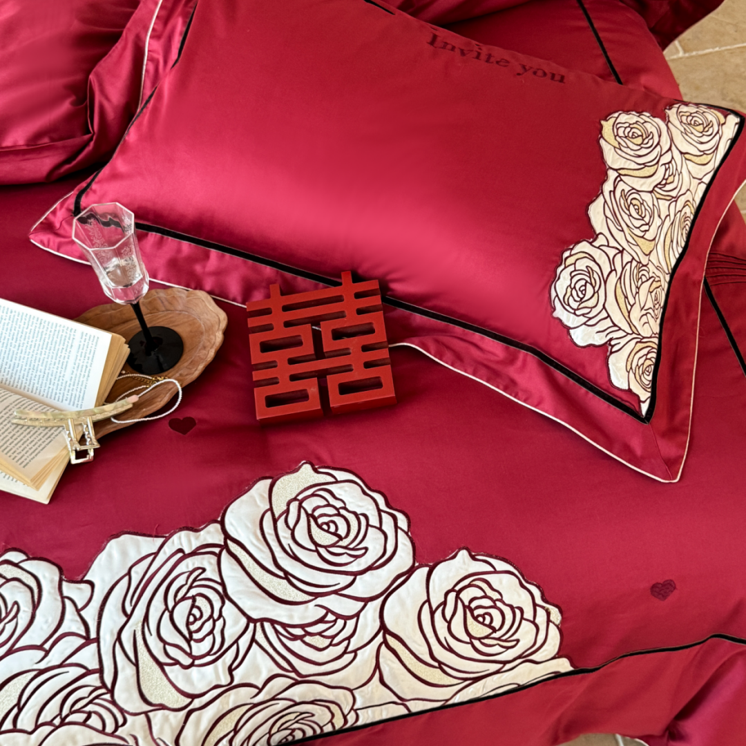 浪漫玫瑰100S长绒棉全棉结婚四件套刺绣蝴蝶结纯棉被套新婚庆床品,淘宝优惠券,粉丝福利购,淘宝优惠卷