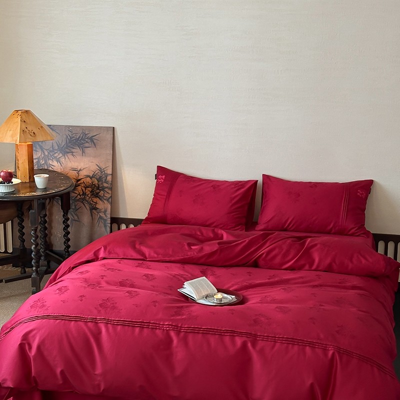 简约100支长绒棉浪漫全棉红色结婚庆四件套喜庆纯棉刺绣床上用品4,淘宝优惠券,粉丝福利购,淘宝优惠卷