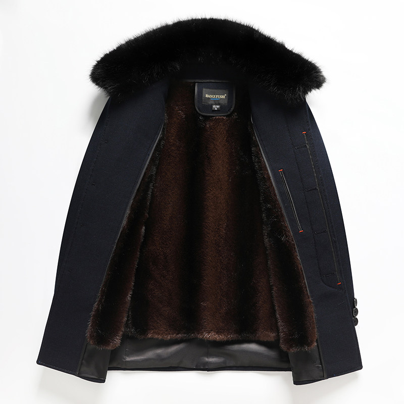 Middle-aged and elderly men's coat dad's velvet thickened winter coat lining with removable fur collar