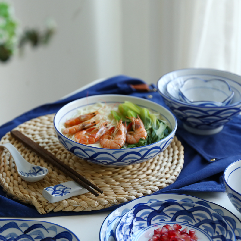 特卖日式斗笠陶瓷米饭碗酱料汤羹面碗耐釉下彩菜盘鱼盘圆盘小勺子