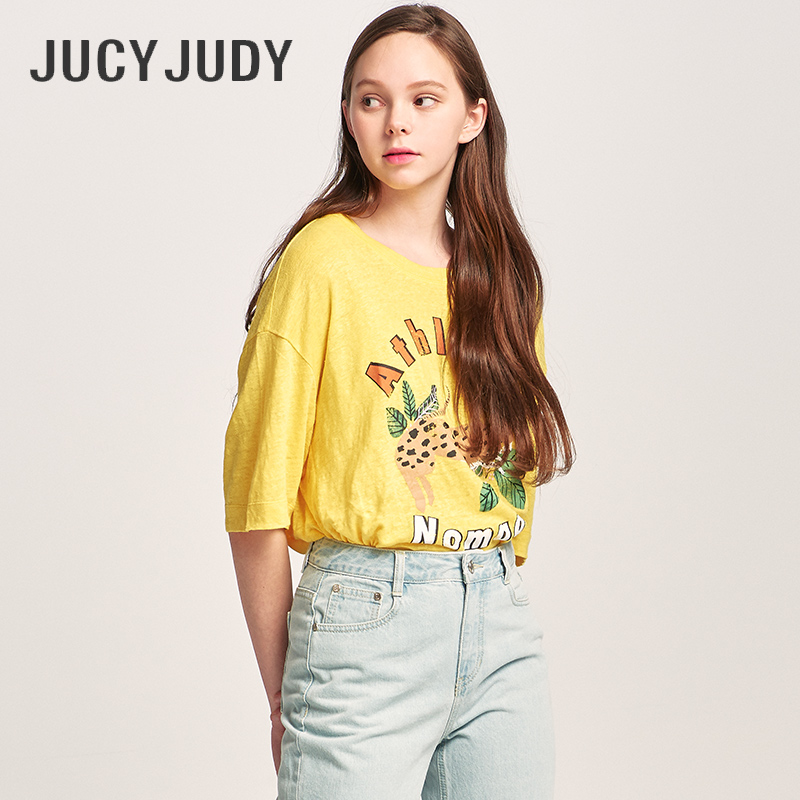 Jucy Judy百家好夏季薄款亚麻T恤女欧版动物印花修身短袖JTTS321N - 图0