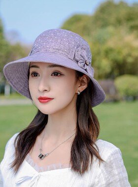 女式帽子春秋款女士蓝色盆帽洋气漂亮新款春季遮阳防晒帽夏天时尚