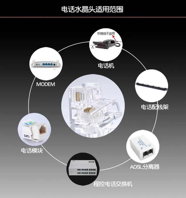 包邮正品 四芯 水晶头4芯 rj11纯铜叉片6P4c电话线水晶头100个/包 - 图2