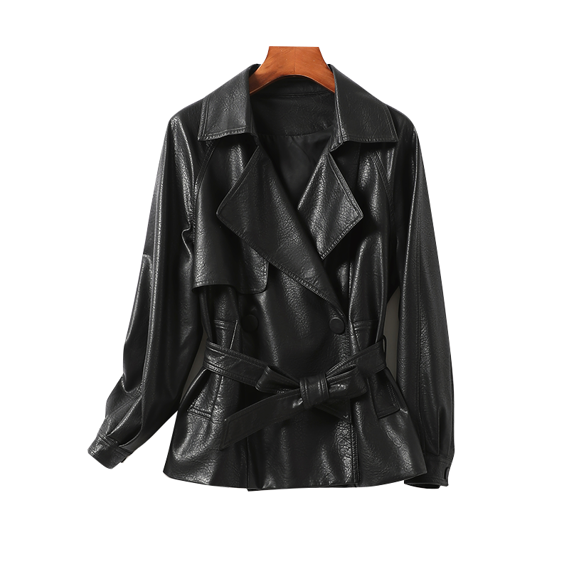 海宁皮夹克女常规黑色韩版腰带真皮女士外套2025新品绵羊皮女皮衣,淘宝优惠券,粉丝福利购,淘宝优惠卷