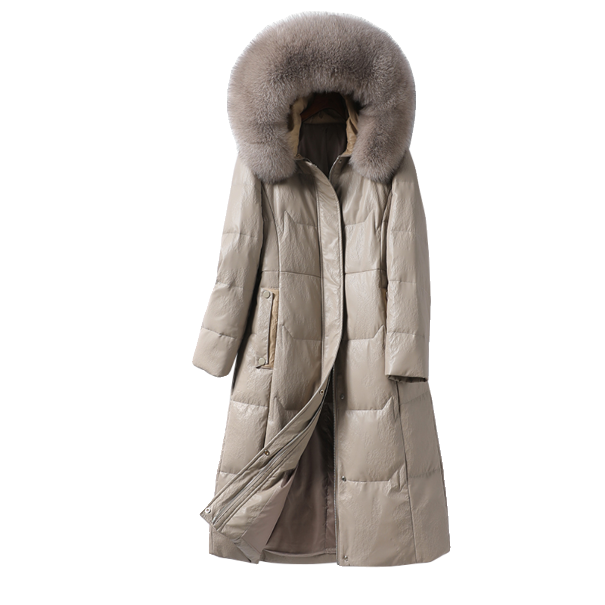 皮羽绒服女中长款连帽狐狸毛领90白鸭绒海宁真皮2025新款绵羊皮衣,淘宝优惠券,粉丝福利购,淘宝优惠卷