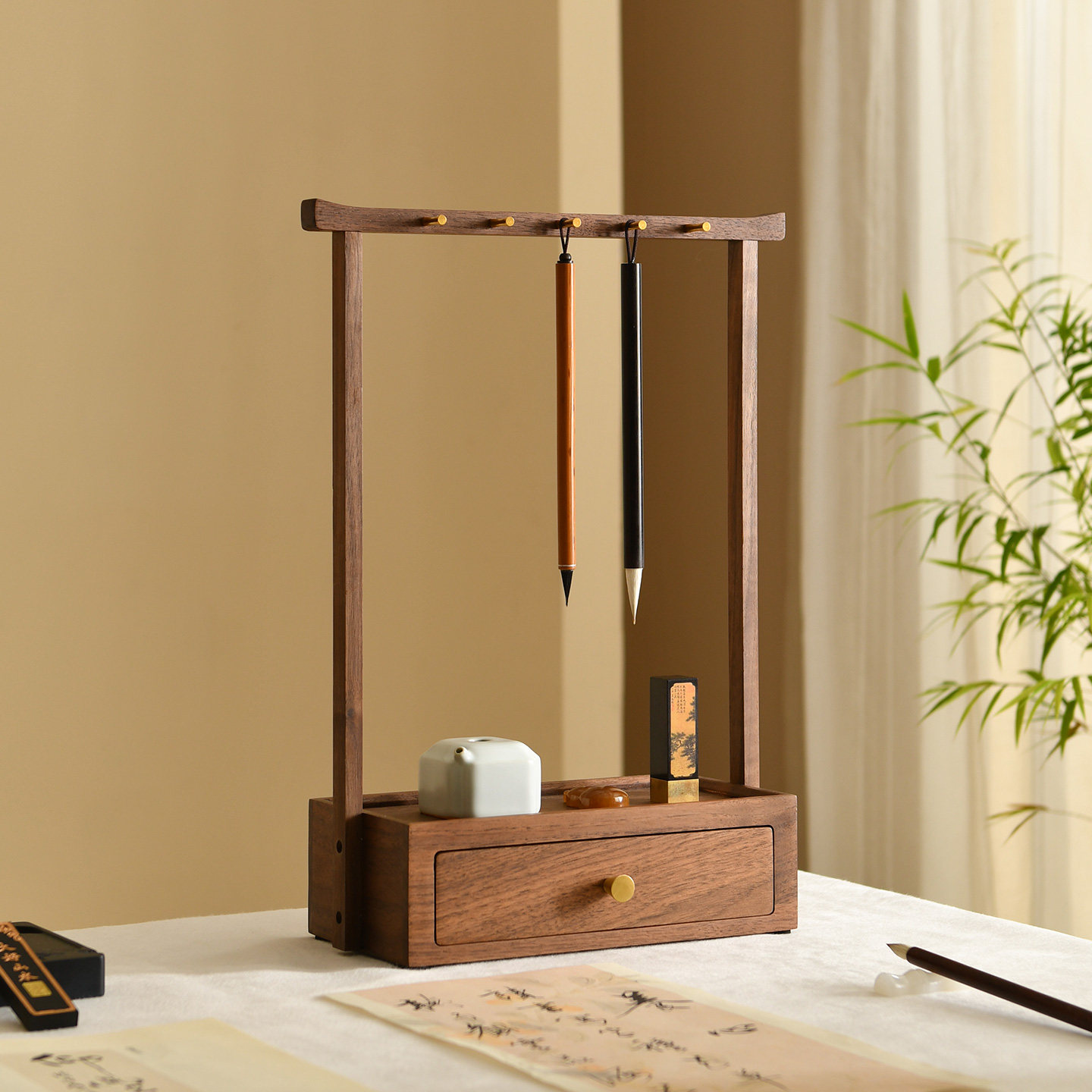 胡桃木笔挂毛笔架抽屉置物收纳盒书法文房四宝书桌国学摆件展示架,淘宝优惠券,粉丝福利购,淘宝优惠卷