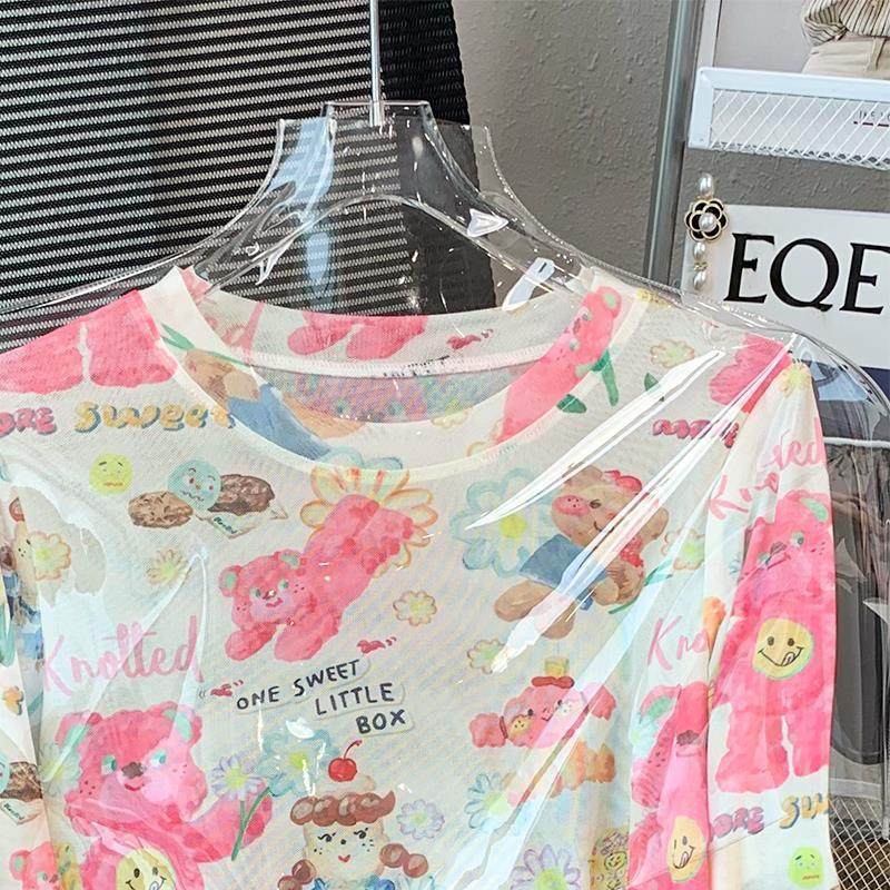 欧洲站2025新款时尚小熊卡通印花长袖T恤女夏季防晒休闲网纱上衣,淘宝优惠券,粉丝福利购,淘宝优惠卷