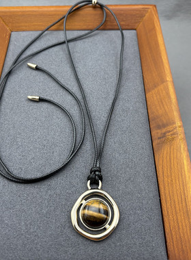 复古虎眼石黑色皮绳长款毛衣链女