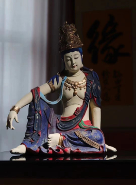 广云石佛像禅意彩绘观音香樟木仿古描金自在观音居家客厅工艺摆件